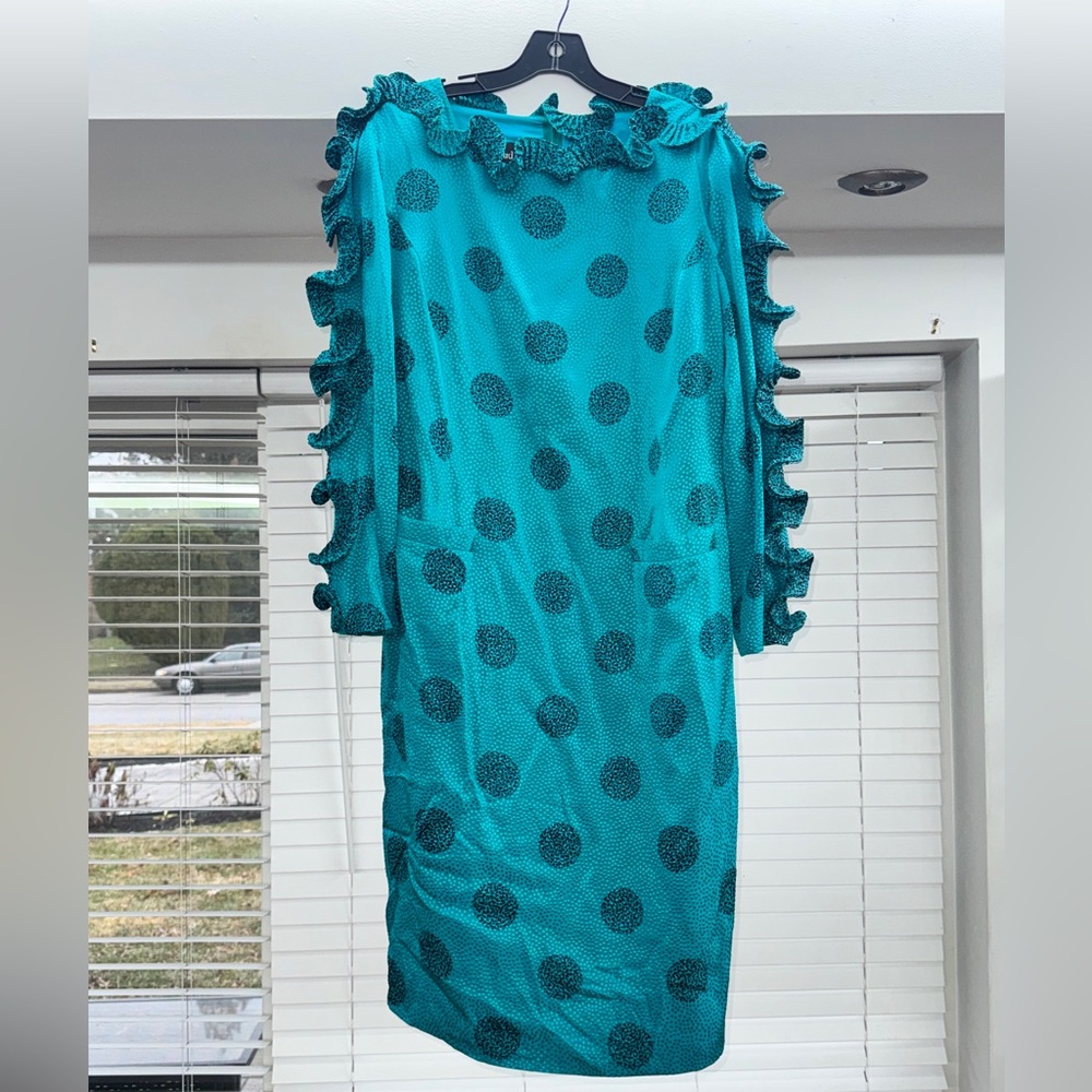 Vintage Louis Feraud Teal and Black Polka Dot Dress